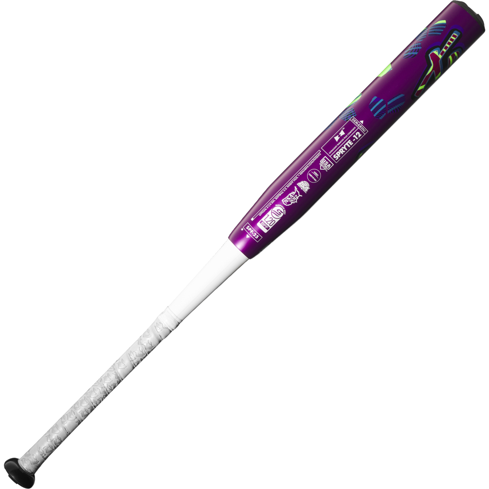 The 2025 DeMarini Spryte (-12) Fastpitch Softball Bat (WBD2553010) features purple and white colors with vibrant graphics, a wrapped handle for grip, and a black knob, shown on a plain white background.