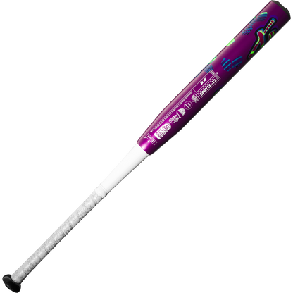 The 2025 DeMarini Spryte (-12) Fastpitch Softball Bat (WBD2553010) features purple and white colors with vibrant graphics, a wrapped handle for grip, and a black knob, shown on a plain white background.
