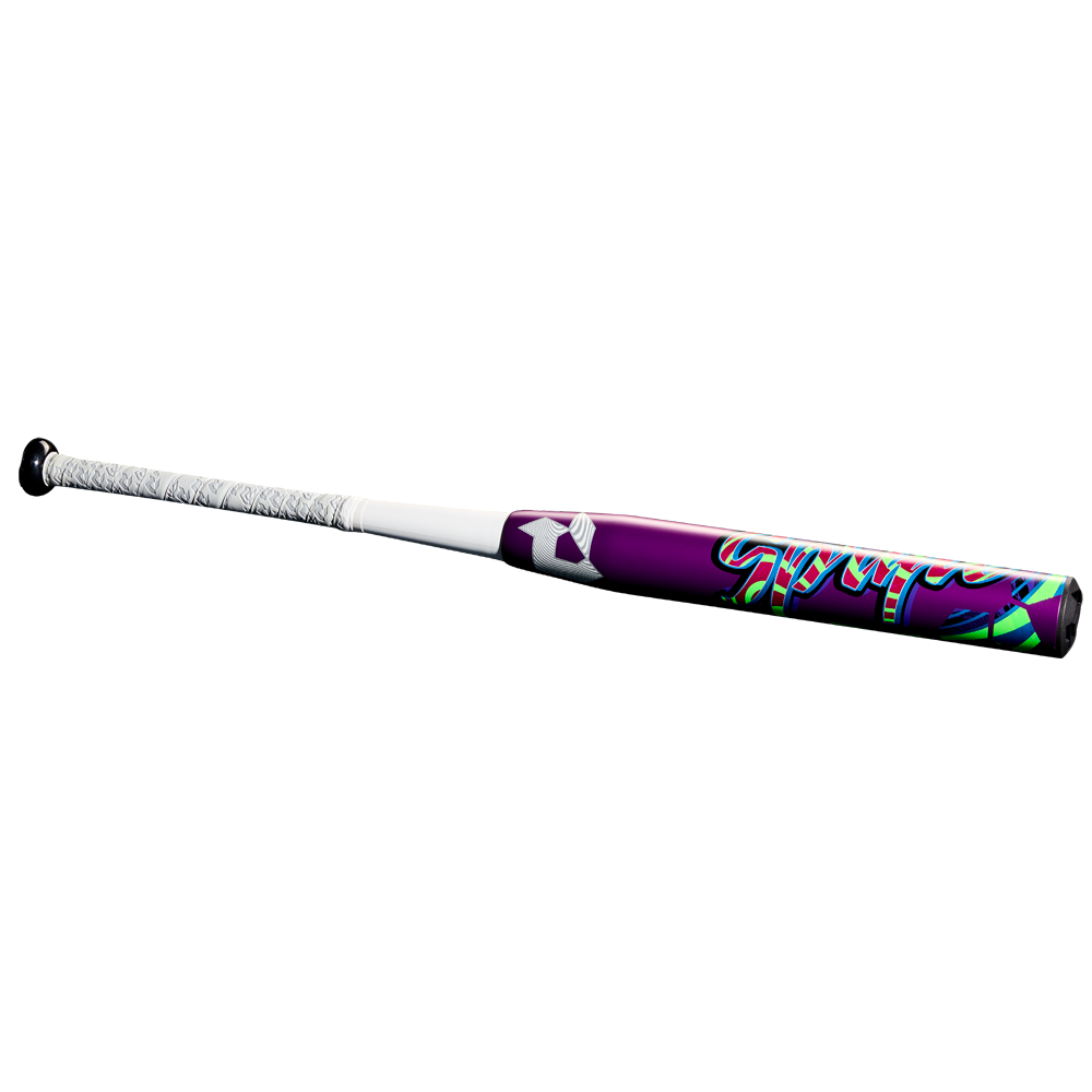 The 2025 DeMarini Spryte (-12) Fastpitch Softball Bat (WBD2553010) features a two-piece composite design in purple and white.