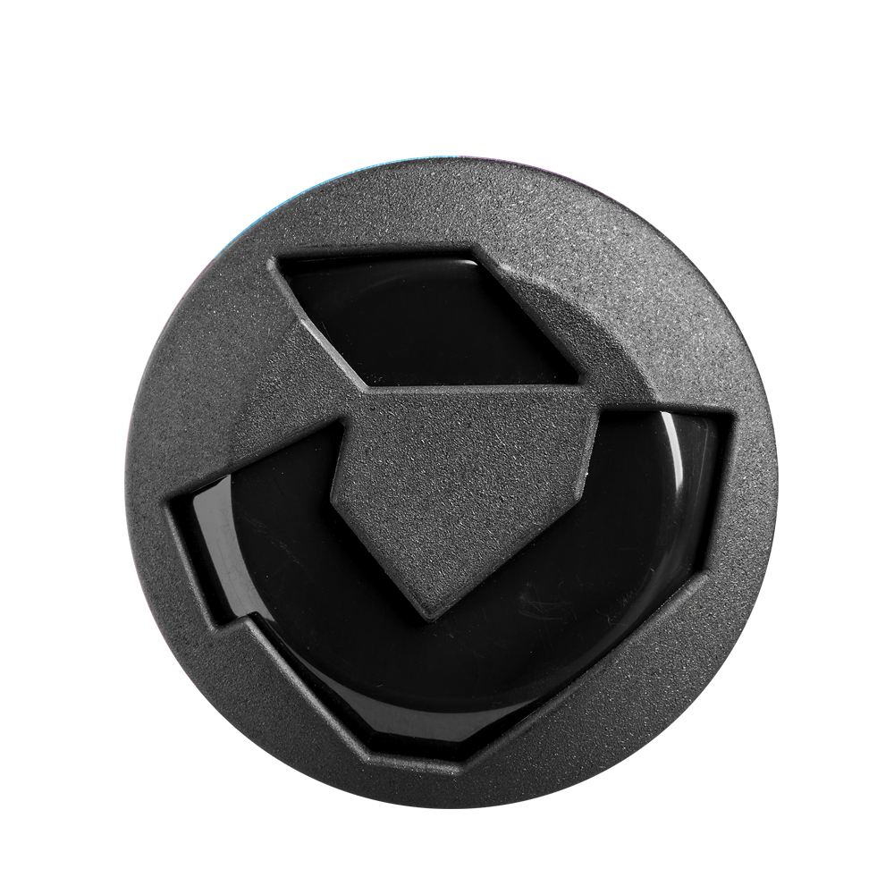 A black circular object with a diamond in the center, echoing the sleek design of the 2025 DeMarini Spryte (-12) Fastpitch Softball Bat: WBD2553010 by DeMarini.