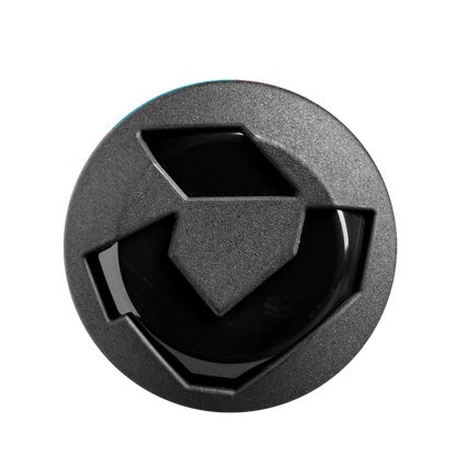 A black circular object with a diamond in the center, echoing the sleek design of the 2025 DeMarini Spryte (-12) Fastpitch Softball Bat: WBD2553010 by DeMarini.