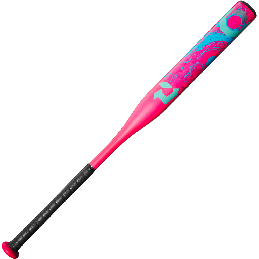The 2025 DeMarini Uprising (-12) Fastpitch Softball Bat (WBD2555010) features a black grip, bright pink and blue barrel with abstract geometric patterns, and pink end cap and knob—all set against a white background.