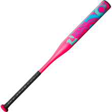 The 2025 DeMarini Uprising (-12) Fastpitch Softball Bat (WBD2555010) features a black grip, bright pink and blue barrel with abstract geometric patterns, and pink end cap and knob—all set against a white background.