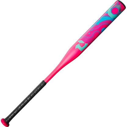 The 2025 DeMarini Uprising (-12) Fastpitch Softball Bat (WBD2555010) features a black grip, bright pink and blue barrel with abstract geometric patterns, and pink end cap and knob—all set against a white background.