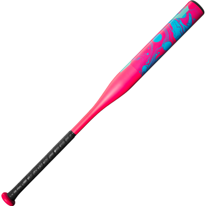 The 2025 DeMarini Uprising (-12) Fastpitch Softball Bat (WBD2555010) features a black grip, bright pink barrel, and blue marbled swirl near the top, shown against a plain white background.
