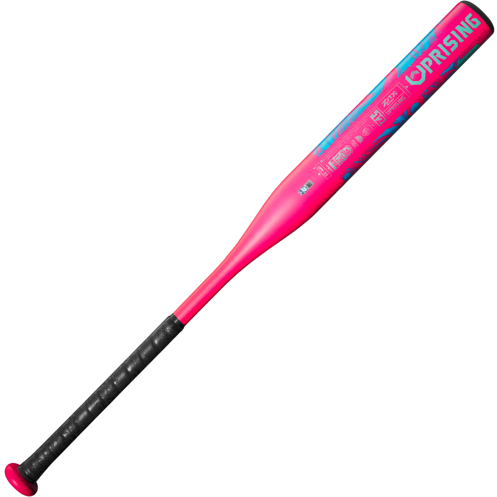 The 2025 DeMarini Uprising (-12) Fastpitch Softball Bat (WBD2555010) features a pink and blue design, black grip, and "Uprising" printed near the barrel end.