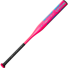 The 2025 DeMarini Uprising (-12) Fastpitch Softball Bat (WBD2555010) features a pink and blue design, black grip, and "Uprising" printed near the barrel end.
