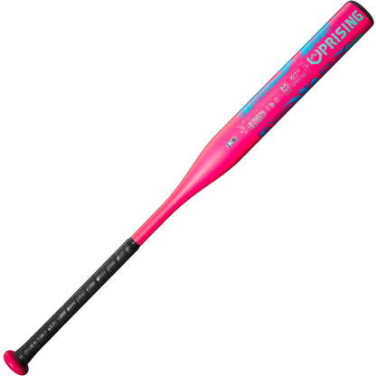 The 2025 DeMarini Uprising (-12) Fastpitch Softball Bat (WBD2555010) features a pink and blue design, black grip, and "Uprising" printed near the barrel end.