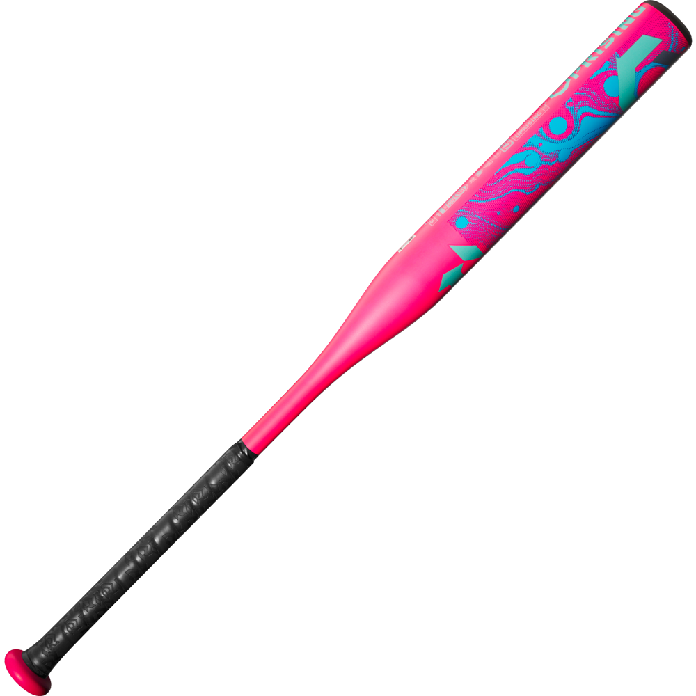 The 2025 DeMarini Uprising (-12) Fastpitch Softball Bat (WBD2555010) by DeMarini features vibrant pink with teal accents, wavy barrel patterns, a black grip handle, and a bright pink knob—perfect for young players seeking standout style.