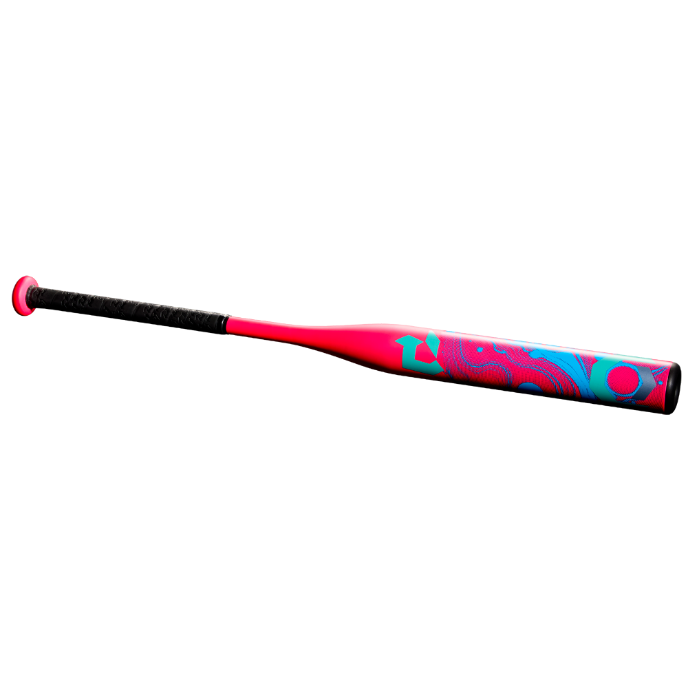 The 2025 DeMarini Uprising (-12) Fastpitch Softball Bat (WBD2555010) combines style and performance in a sleek pink and blue design for youth players.