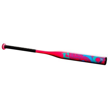 The 2025 DeMarini Uprising (-12) Fastpitch Softball Bat (WBD2555010) combines style and performance in a sleek pink and blue design for youth players.