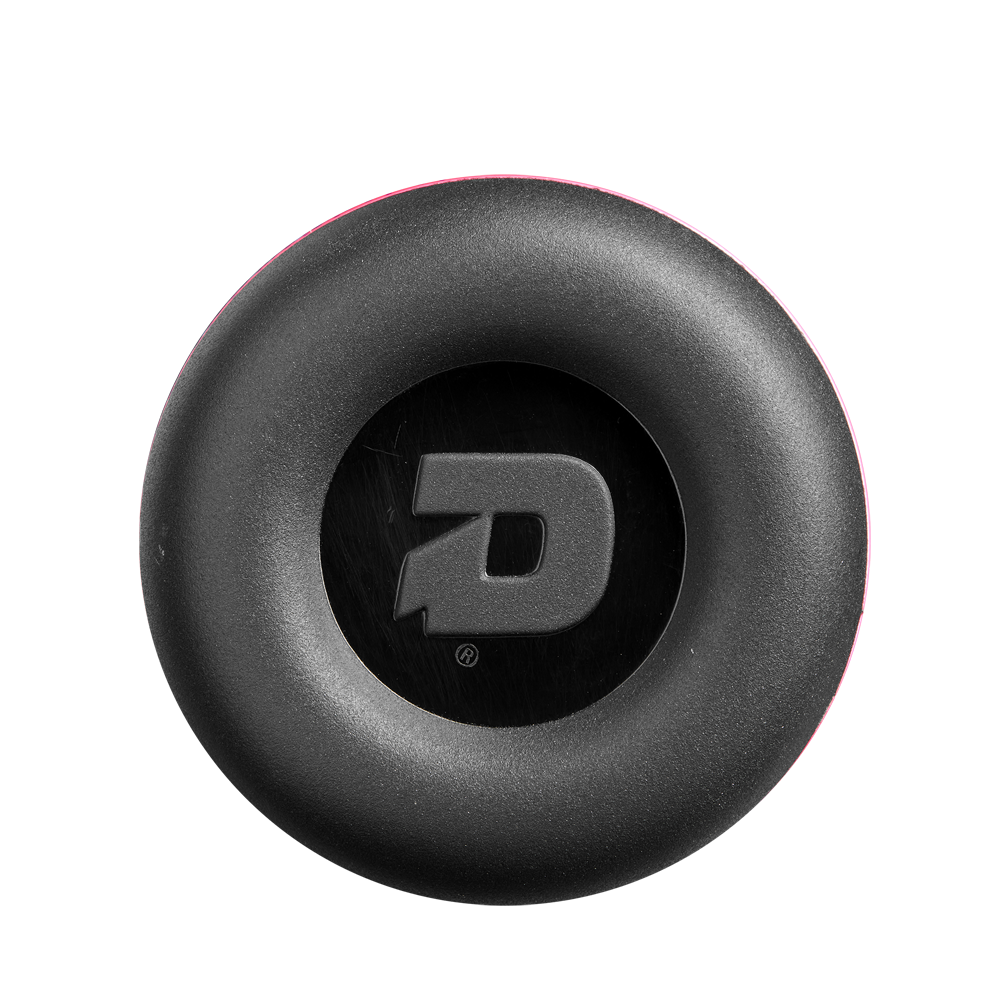 A black circular object with a raised rim and central D logo—resembling the end cap of the 2025 DeMarini Uprising (-12) Fastpitch Softball Bat (WBD2555010)—is shown on a plain white background, viewed from above.