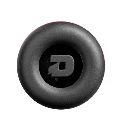 A black circular object with a raised rim and central D logo—resembling the end cap of the 2025 DeMarini Uprising (-12) Fastpitch Softball Bat (WBD2555010)—is shown on a plain white background, viewed from above.
