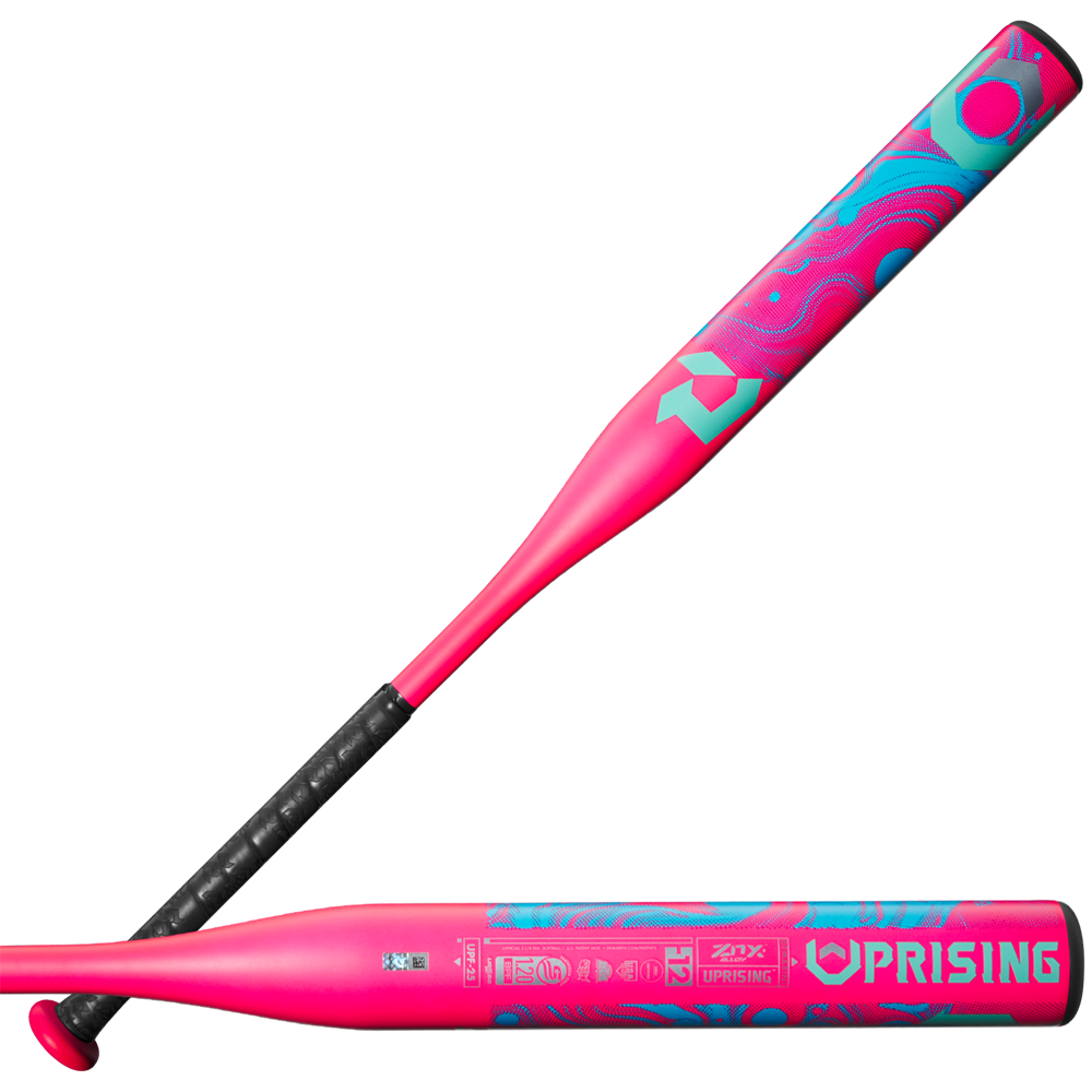 Two views of the 2025 DeMarini Uprising (-12) Fastpitch Softball Bat, featuring neon pink and blue colors, swirling blue designs, black grip, branding logos, and UPRISING printed on the barrel.