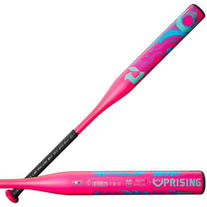 Two views of the 2025 DeMarini Uprising (-12) Fastpitch Softball Bat, featuring neon pink and blue colors, swirling blue designs, black grip, branding logos, and UPRISING printed on the barrel.