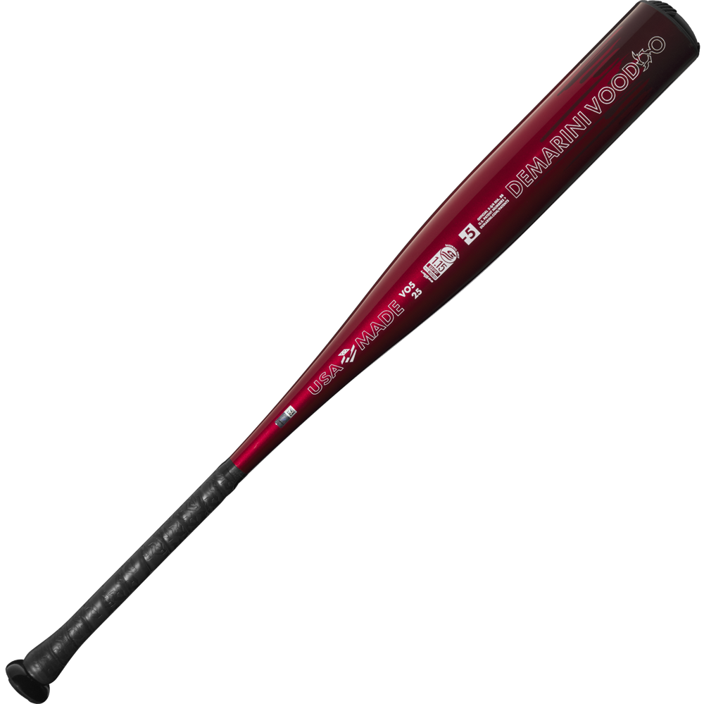 The 2025 DeMarini Voodoo One (-5) 2 3/4" USSSA Baseball Bat (WBD2556010 DEMO) is shown diagonally on a white background, featuring red and black colors and DeMarini branding with an X14 Alloy Barrel.