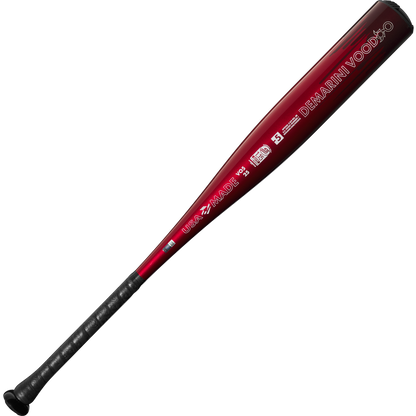 The 2025 DeMarini Voodoo One (-5) 2 3/4" USSSA Baseball Bat (WBD2556010 DEMO) is shown diagonally on a white background, featuring red and black colors and DeMarini branding with an X14 Alloy Barrel.