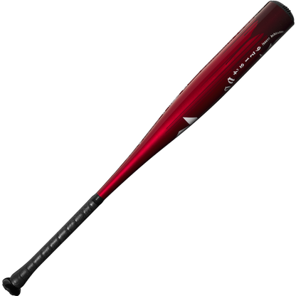 A close-up of the 2025 DeMarini Voodoo One (-5) USSSA Baseball Bat (WBD2556010) highlights its X14 Alloy Barrel and showcases DeMarini's expert craftsmanship.