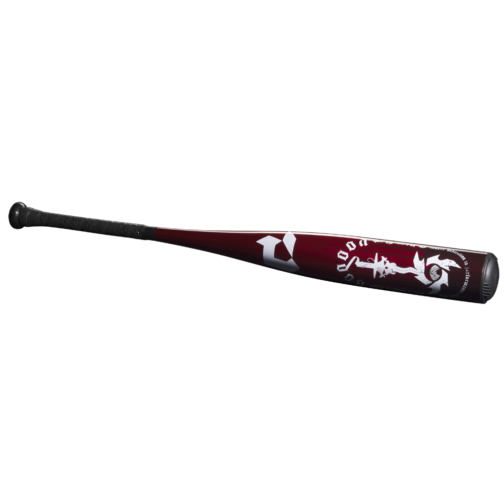 The 2025 DeMarini Voodoo One (-5) USSSA Baseball Bat WBD2556010 (DEMO) features a maroon and black design with white graphics on the X14 Alloy Barrel and a black textured grip, shown on a plain white background.