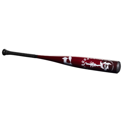 The 2025 DeMarini Voodoo One (-5) USSSA Baseball Bat WBD2556010 (DEMO) features a maroon and black design with white graphics on the X14 Alloy Barrel and a black textured grip, shown on a plain white background.