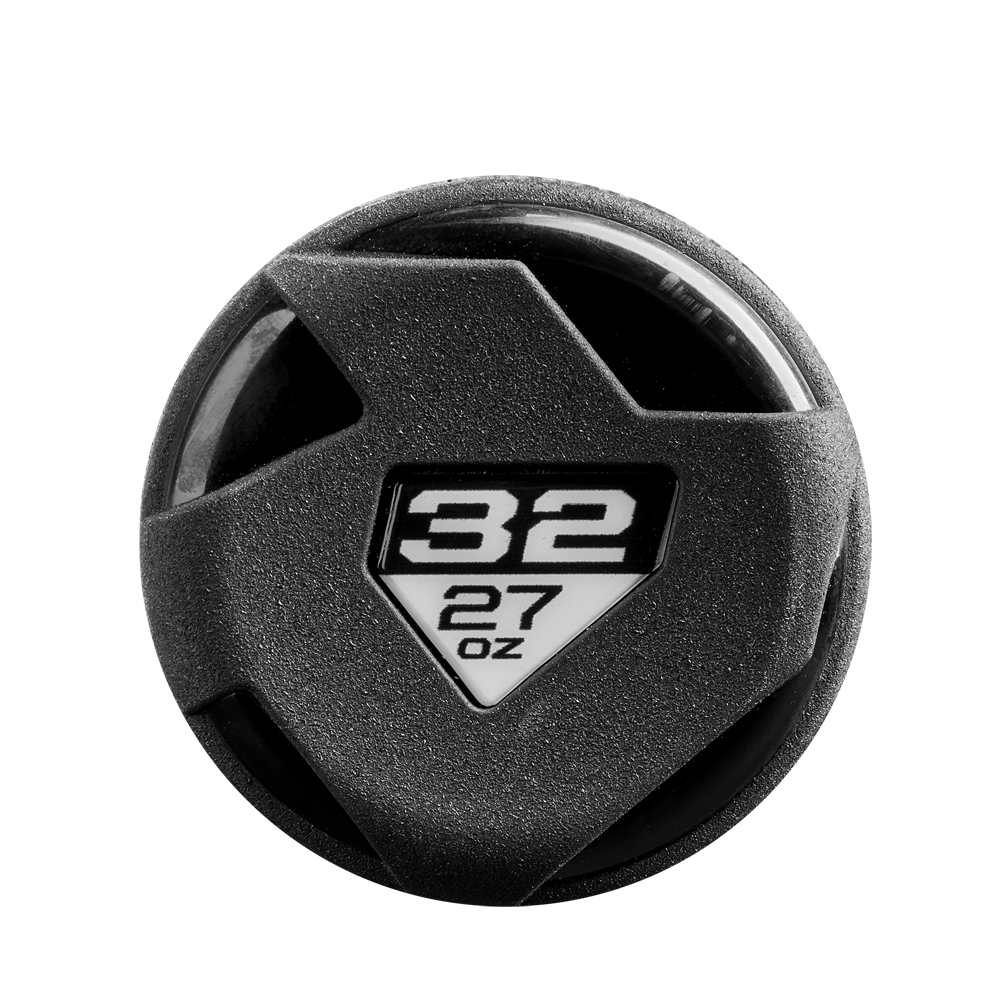 A black, circular bottle lid with a textured grip and geometric cutouts, featuring “32” above “27 oz” in white on a black-and-white triangular section inspired by the bold look of the 2025 DeMarini Voodoo One USSSA Baseball Bat.