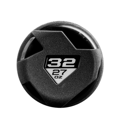 A black, circular bottle lid with a textured grip and geometric cutouts, featuring “32” above “27 oz” in white on a black-and-white triangular section inspired by the bold look of the 2025 DeMarini Voodoo One USSSA Baseball Bat.