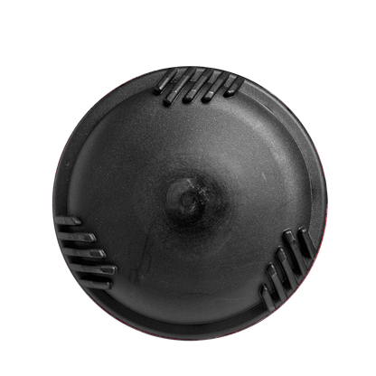 A black, circular object with a smooth, domed surface and four sets of parallel grooves, similar to parts on the 2025 DeMarini Voodoo One (-5) USSSA Baseball Bat (WBD2556010 DEMO) by DeMarini, shown on a white background.