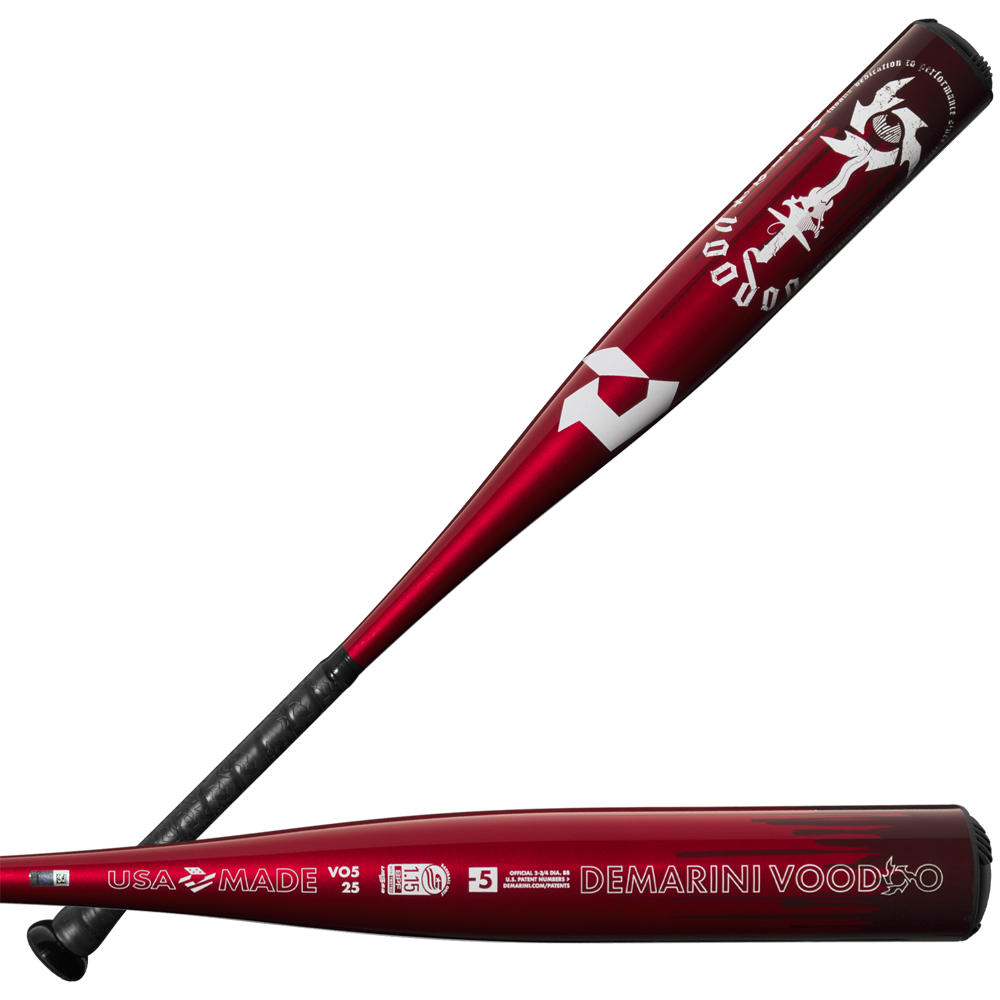 Two views of the 2025 DeMarini Voodoo One (-5) USSSA Baseball Bat show its red design with white graphics and "USA MADE" text. Features include an X14 Alloy Barrel, black grip, and silver end cap. Brand: DeMarini. Model: WBD2556010 (DEMO).