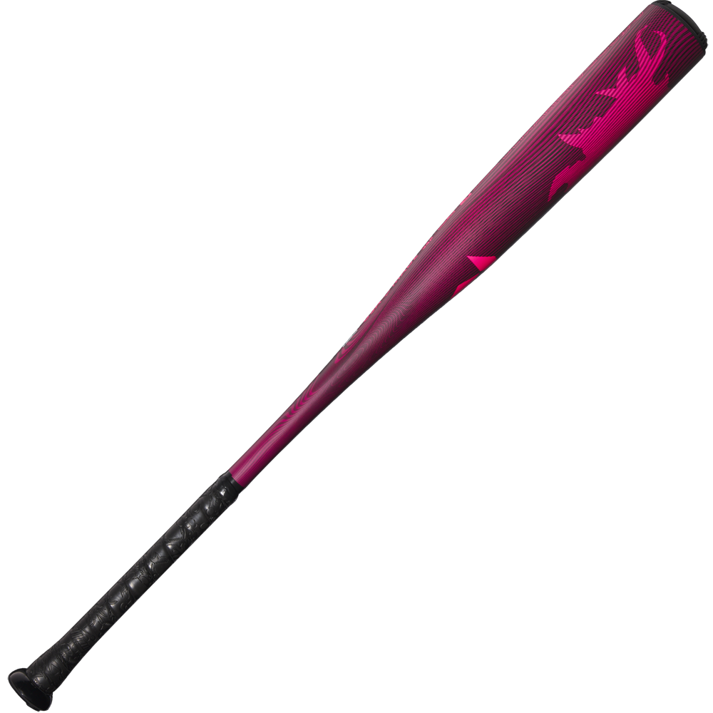 A neon pink DeMarini 2024 Voodoo One (-3) BBCOR baseball bat (WBD2557010) is shown with a black grip handle, set against a plain white background.