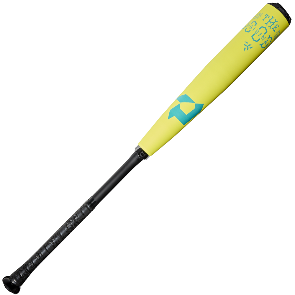 The 2025 DeMarini The Goods Neon Yellow (-3) BBCOR Baseball Bat (WBD2563010) features a black grip, X14 Alloy Barrel, teal geometric design and text on the yellow barrel, and is shown on a white background.