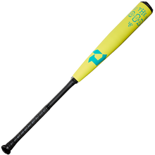 The 2025 DeMarini The Goods Neon Yellow (-3) BBCOR Baseball Bat (WBD2563010) features a black grip, X14 Alloy Barrel, teal geometric design and text on the yellow barrel, and is shown on a white background.