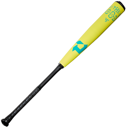 The 2025 DeMarini The Goods Neon Yellow (-3) BBCOR Baseball Bat (WBD2563010) features a black grip, X14 Alloy Barrel, teal geometric design and text on the yellow barrel, and is shown on a white background.