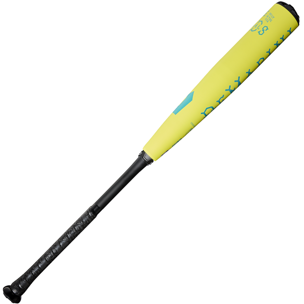 The 2025 DeMarini The Goods Neon Yellow (-3) BBCOR Baseball Bat (WBD2563010), featuring a textured black handle, turquoise barrel lettering, and X14 Alloy Barrel, is displayed against a plain white background.