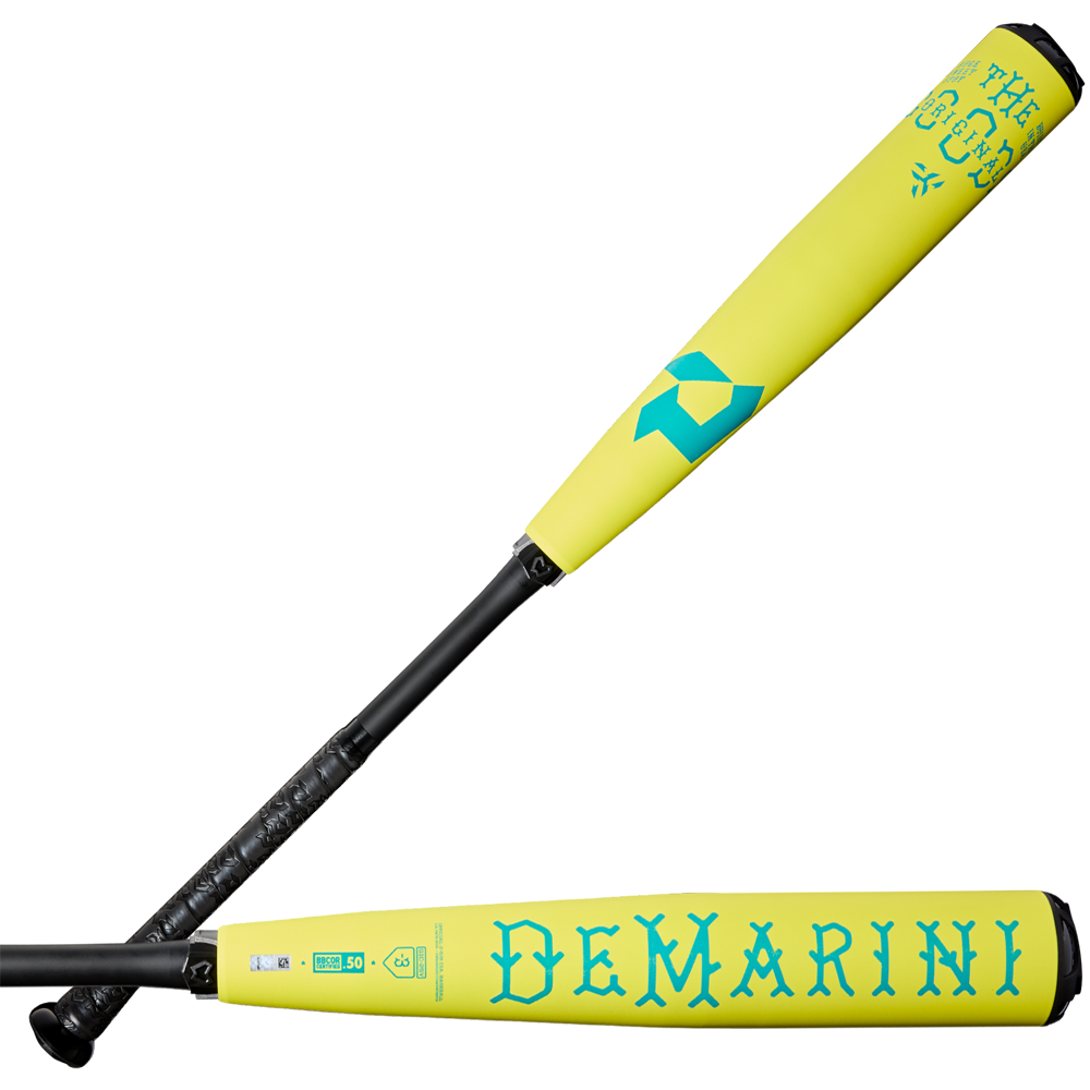 Two neon yellow 2025 DeMarini The Goods BBCOR baseball bats are shown. One features the DeMarini name in large teal letters, while the other displays The Goods model and X14 Alloy Barrel above the grip.