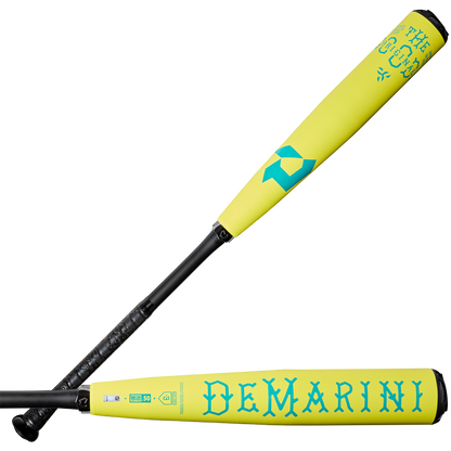 Two neon yellow 2025 DeMarini The Goods BBCOR baseball bats are shown. One features the DeMarini name in large teal letters, while the other displays The Goods model and X14 Alloy Barrel above the grip.