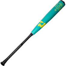 The 2025 DeMarini The Goods Teal (-3) BBCOR Baseball Bat (WBD2564010) is shown on a white background, featuring teal and black colors with a yellow geometric design and yellow text near the barrel end.