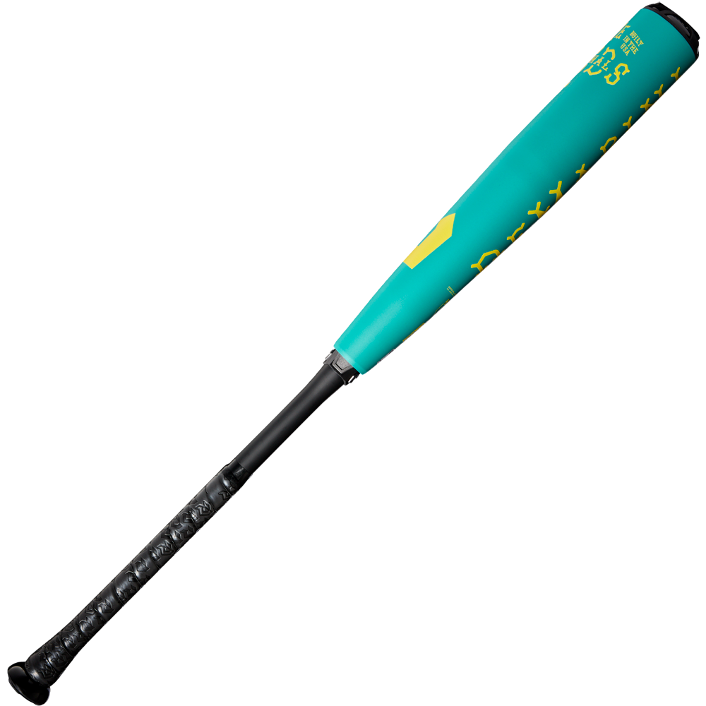 The 2025 DeMarini The Goods Teal (-3) BBCOR Baseball Bat (WBD2564010) features a turquoise and black two-piece hybrid design with yellow lettering, textured black grip, X14 Alloy Barrel, and a matte barrel finish.