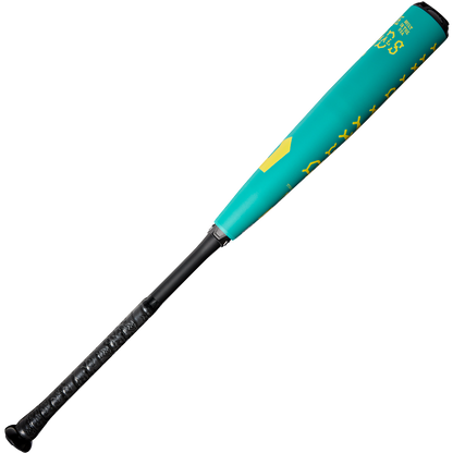 The 2025 DeMarini The Goods Teal (-3) BBCOR Baseball Bat (WBD2564010) features a turquoise and black two-piece hybrid design with yellow lettering, textured black grip, X14 Alloy Barrel, and a matte barrel finish.