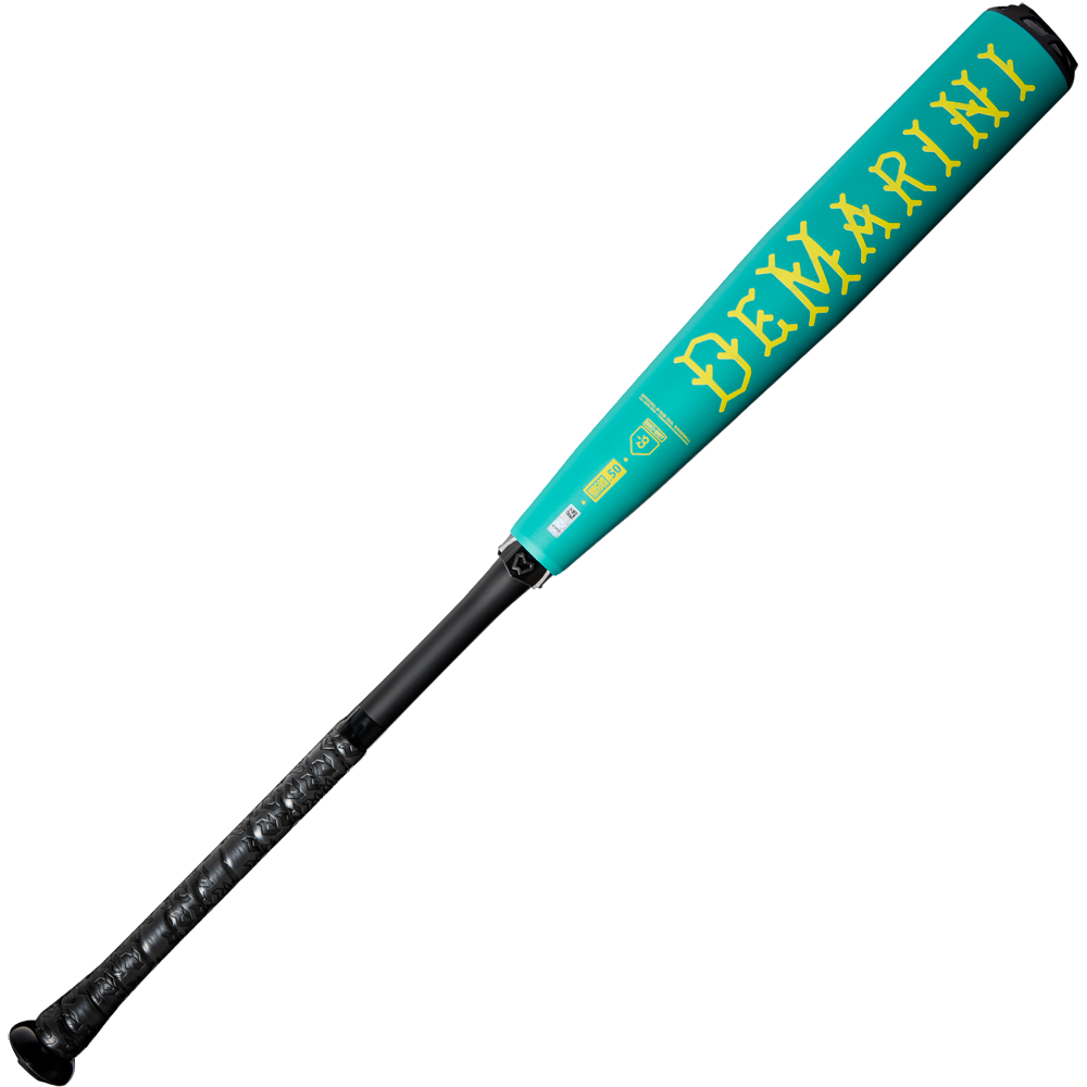 The 2025 DeMarini The Goods Teal (-3) BBCOR Baseball Bat (WBD2564010) showcases yellow lettering, a black handle with textured grip, and an X14 Alloy Barrel in a two-piece hybrid design, displayed on a light gray background.