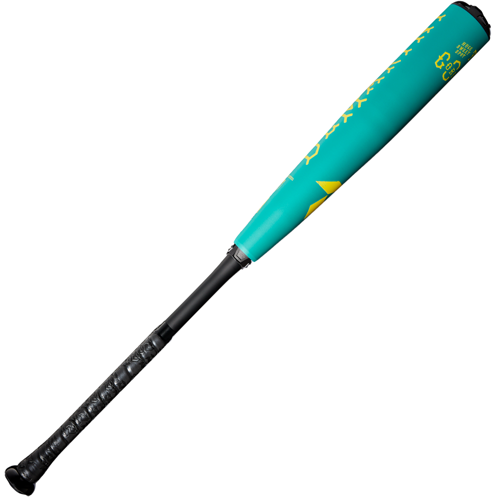 A teal and black 2025 DeMarini The Goods Teal (-3) BBCOR Baseball Bat (WBD2564010) with textured black grip, yellow accents, X14 Alloy Barrel, and “33” near the top on a white background.
