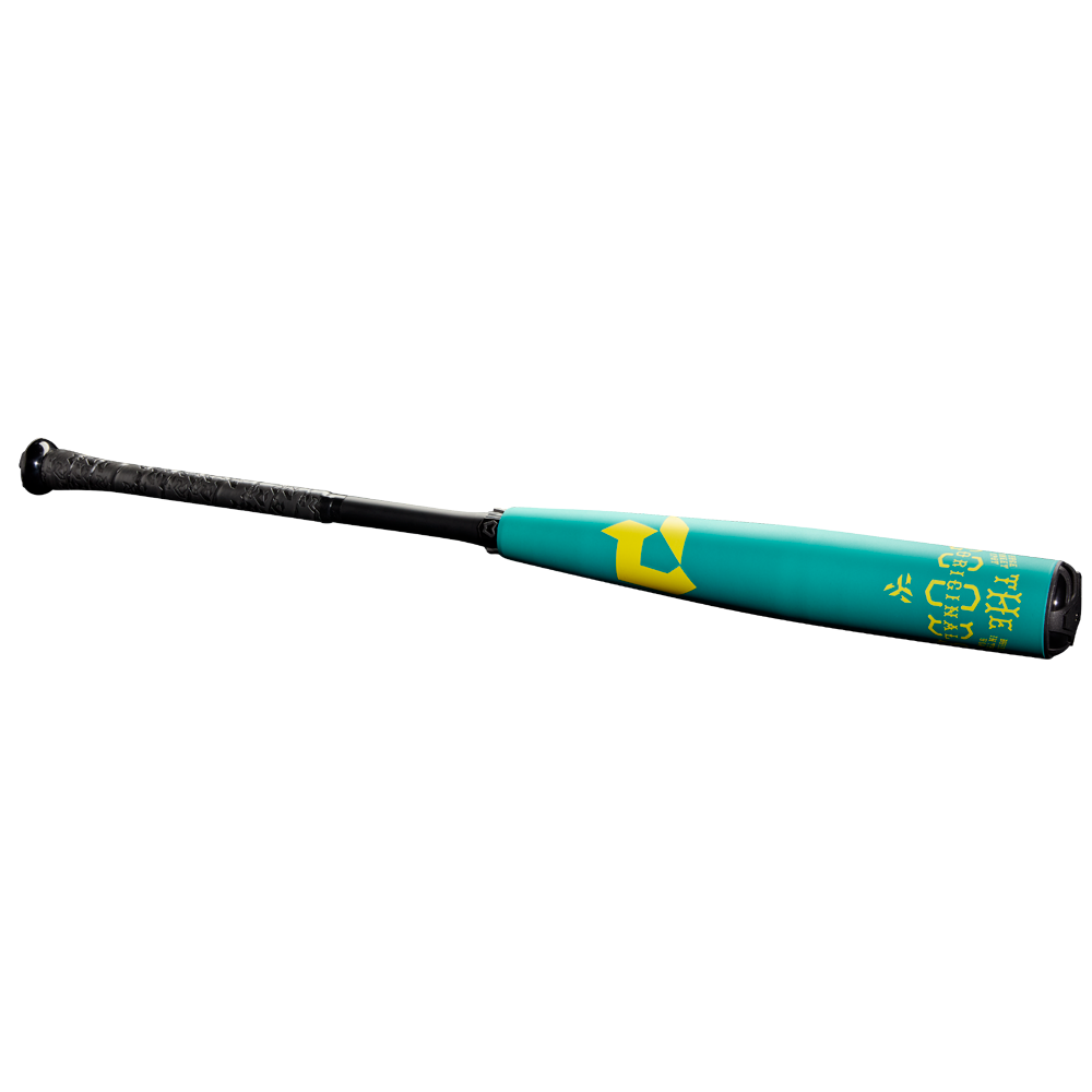The 2025 DeMarini The Goods Teal (-3) BBCOR Baseball Bat (WBD2564010) features bold yellow graphics, a black handle with textured grip, and a two-piece hybrid design, shown against a plain white background.