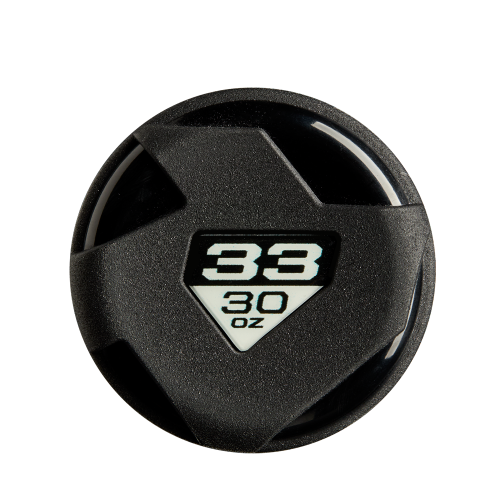 Close-up of a black circular X14 Alloy Barrel label, showing "38" above "30 oz" in black and white, as seen on the 2025 DeMarini The Goods Teal (-3) BBCOR Baseball Bat: WBD2564010 by DeMarini; plain white background.