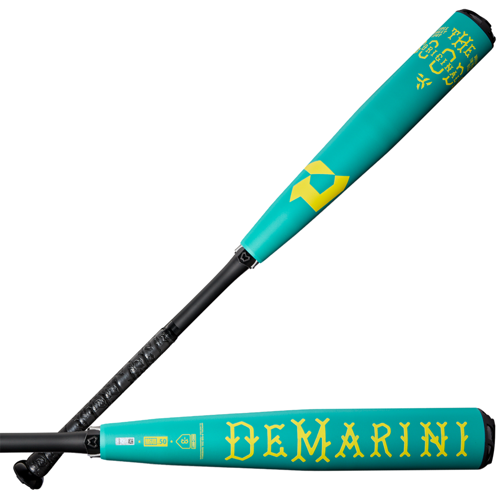 A teal and yellow 2025 DeMarini The Goods Teal (-3) BBCOR Baseball Bat (WBD2564010) with black grip, shown from two angles. "THE GOODS" and "DeMARINI" appear in bold yellow on the X14 Alloy Barrel of this two-piece hybrid bat.