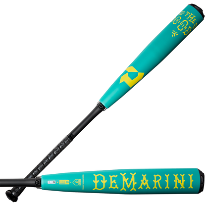 A teal and yellow 2025 DeMarini The Goods Teal (-3) BBCOR Baseball Bat (WBD2564010) with black grip, shown from two angles. "THE GOODS" and "DeMARINI" appear in bold yellow on the X14 Alloy Barrel of this two-piece hybrid bat.