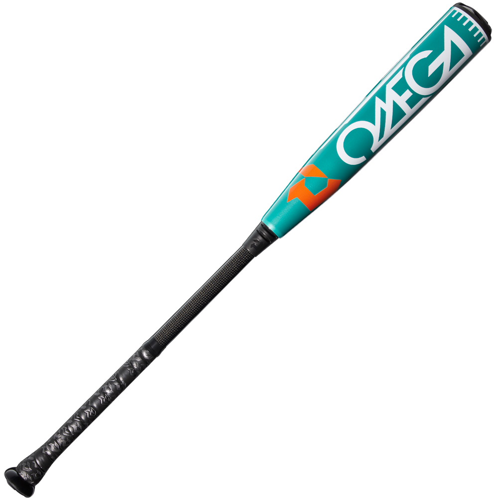 The 2026 DeMarini Omega (-3) BBCOR Baseball Bat (WBD2586010) features a teal and black design, "OMEGA" in bold white on the X14 Alloy Barrel, a small orange logo, and a handle wrapped in textured black grip tape.