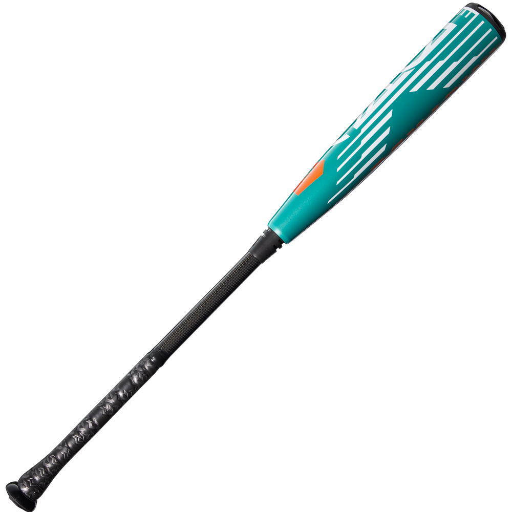 The 2026 DeMarini Omega (-3) BBCOR Baseball Bat (WBD2586010), featuring a teal and black design with white diagonal stripes and an orange accent near the barrel, is shown on a white background.