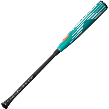 The 2026 DeMarini Omega (-3) BBCOR Baseball Bat (WBD2586010), featuring a teal and black design with white diagonal stripes and an orange accent near the barrel, is shown on a white background.