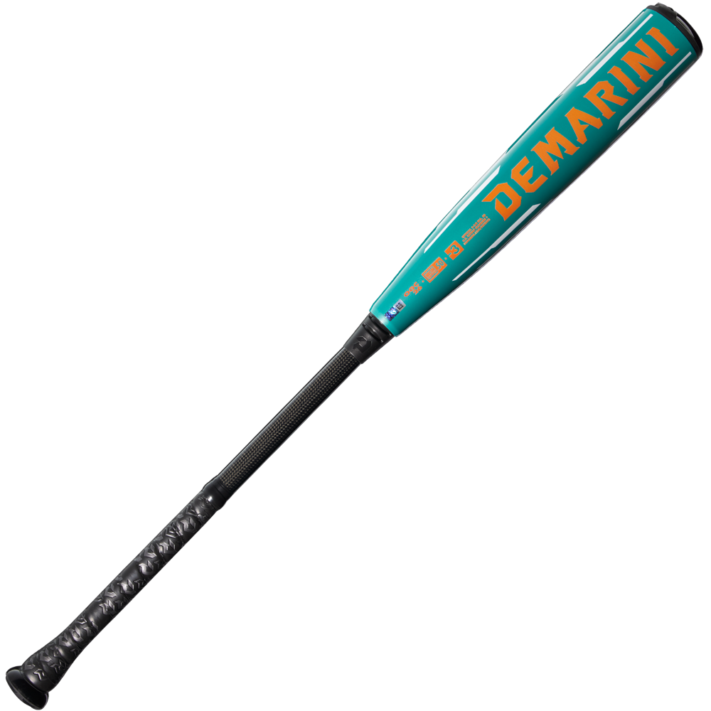The 2026 DeMarini Omega (-3) BBCOR Baseball Bat (WBD2586010) features a teal and black design, bold orange DeMarini branding on the X14 Alloy Barrel, and a black textured grip handle, shown against a white background.
