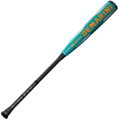 The 2026 DeMarini Omega (-3) BBCOR Baseball Bat (WBD2586010) features a teal and black design, bold orange DeMarini branding on the X14 Alloy Barrel, and a black textured grip handle, shown against a white background.
