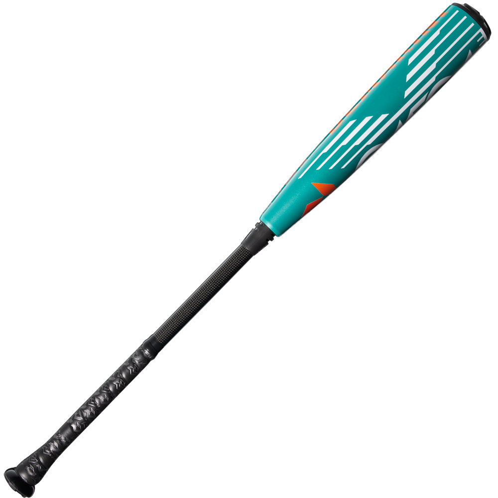 The 2026 DeMarini Omega (-3) BBCOR Baseball Bat (WBD2586010) features a black handle and teal X14 Alloy Barrel with white diagonal stripes and orange accents, shown on a white background.